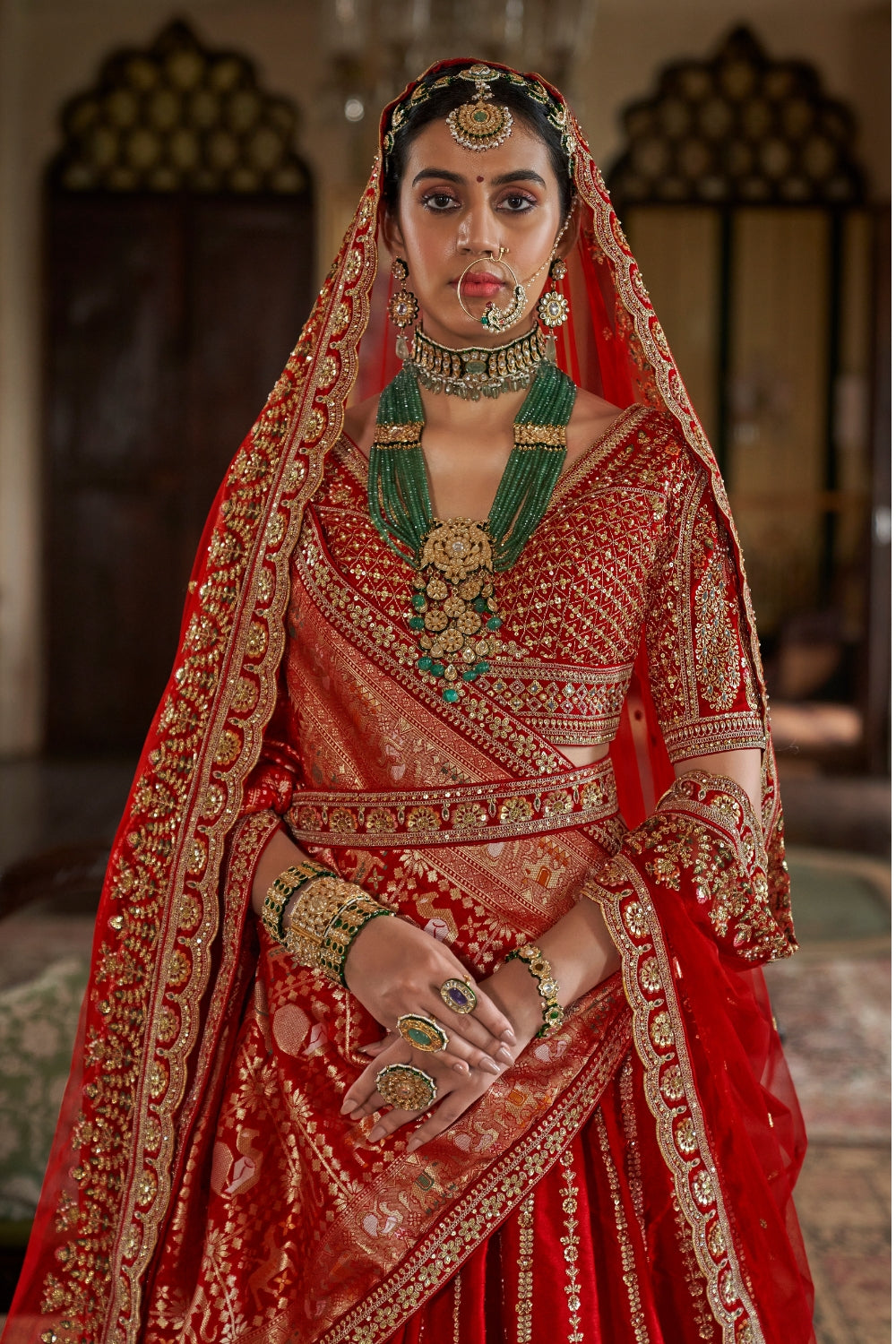 SILK BRIDAL LEHENGA WITH MOTI AND ZARDOSI WORK