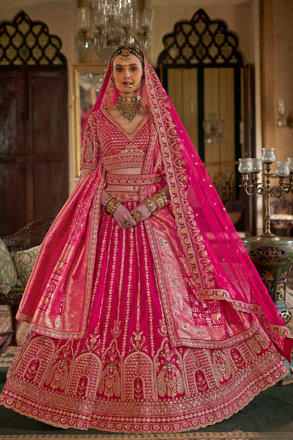 SILK BRIDAL LEHENGA WITH MOTI AND ZARDOSI WORK