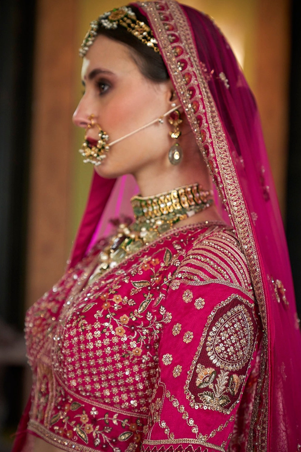 SILK BRIDAL LEHENGA WITH SEQUINS AND MOTI WORK
