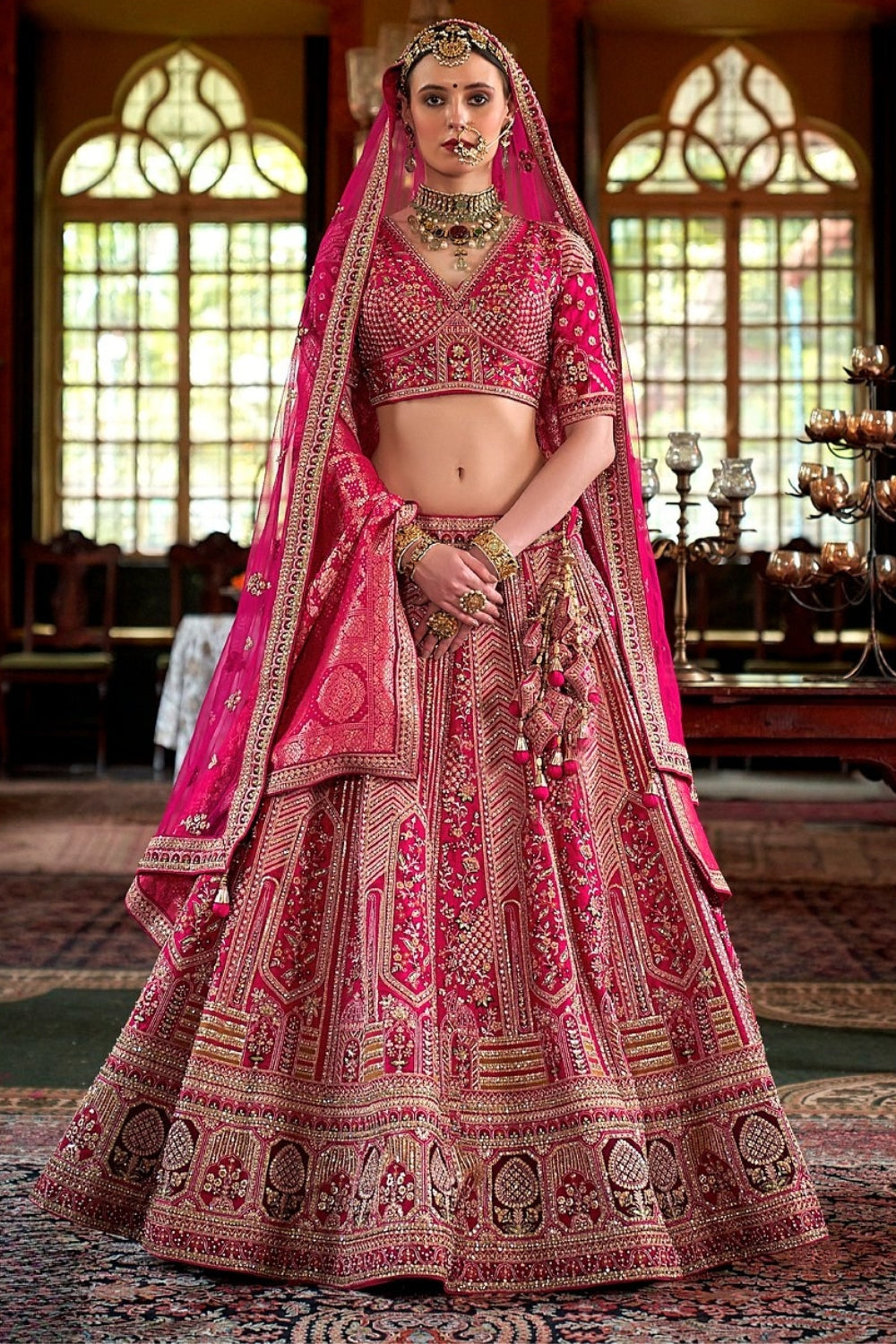 SILK BRIDAL LEHENGA WITH SEQUINS AND MOTI WORK