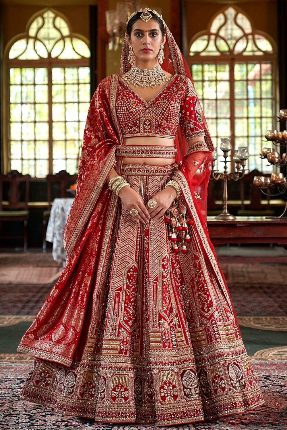 SILK BRIDAL LEHENGA WITH SEQUINS AND MOTI WORK