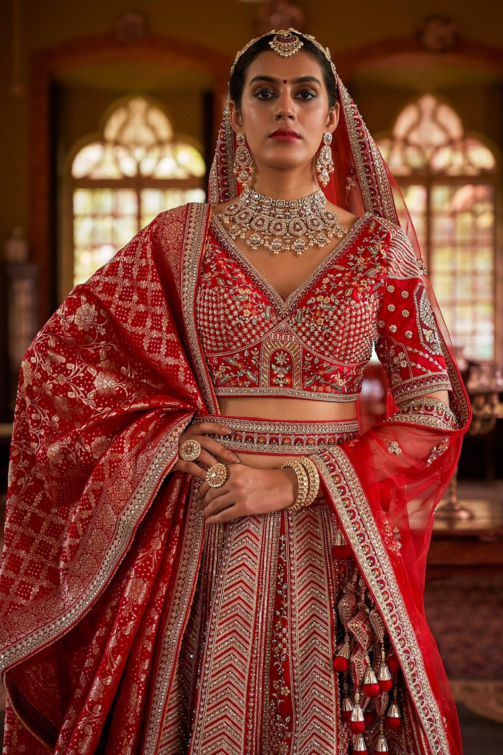 SILK BRIDAL LEHENGA WITH SEQUINS AND MOTI WORK