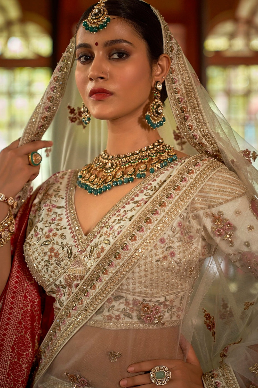 SILK BRIDAL LEHENGA WITH SEQUINS AND MOTI WORK