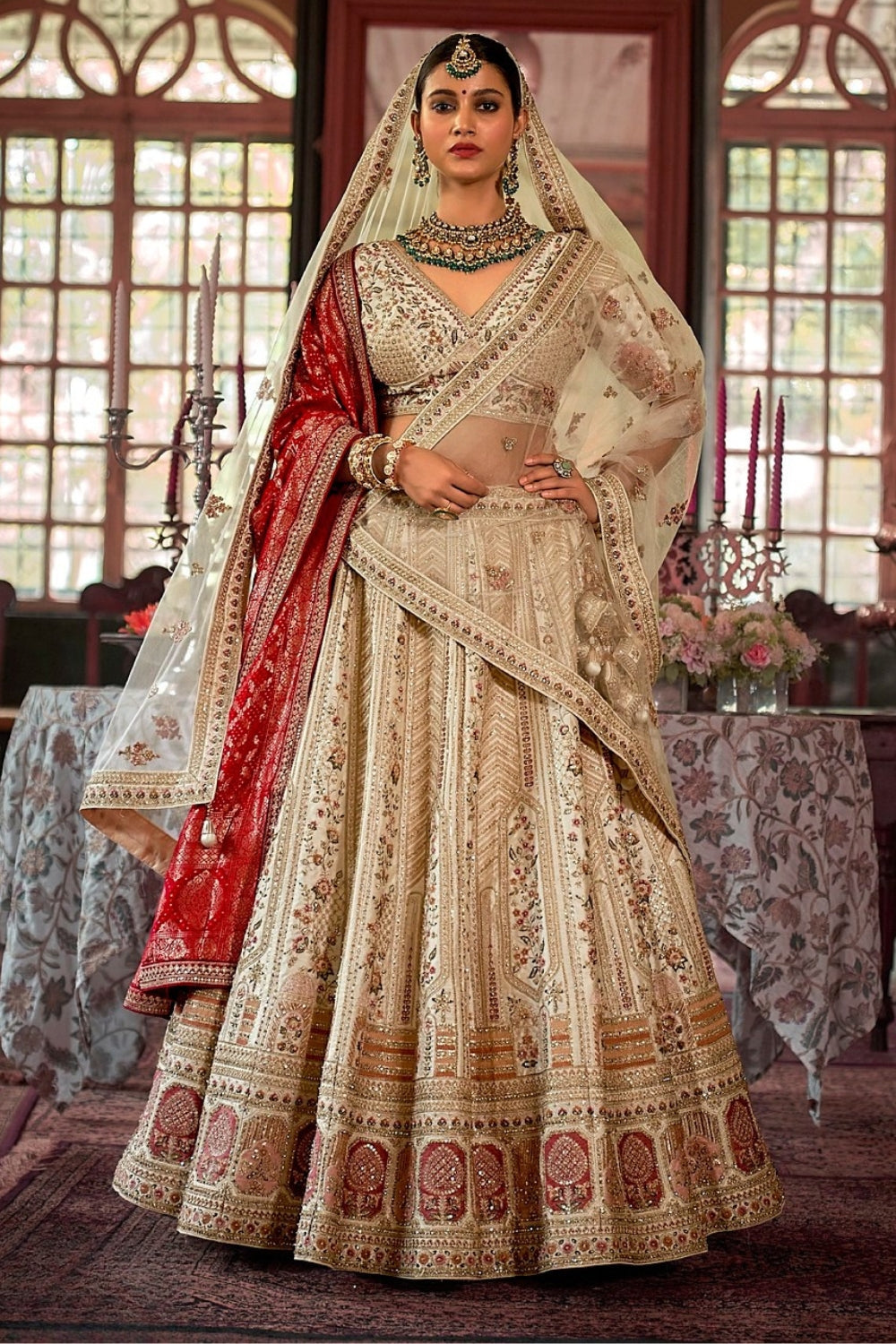 SILK BRIDAL LEHENGA WITH SEQUINS AND MOTI WORK