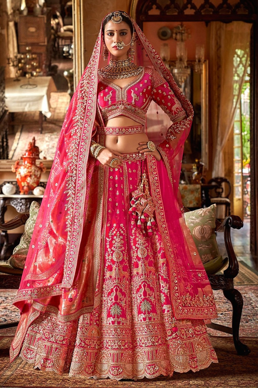 SILK BRIDAL LEHENGA WITH SEQUINS AND RESHAM EMBROIDERY