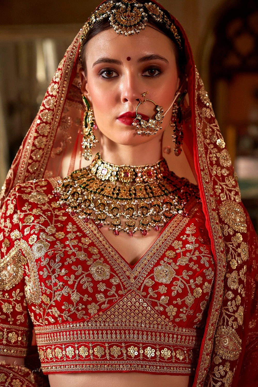 SILK BRIDAL LEHENGA WITH ZARI WEAVING AND MOTI WORK