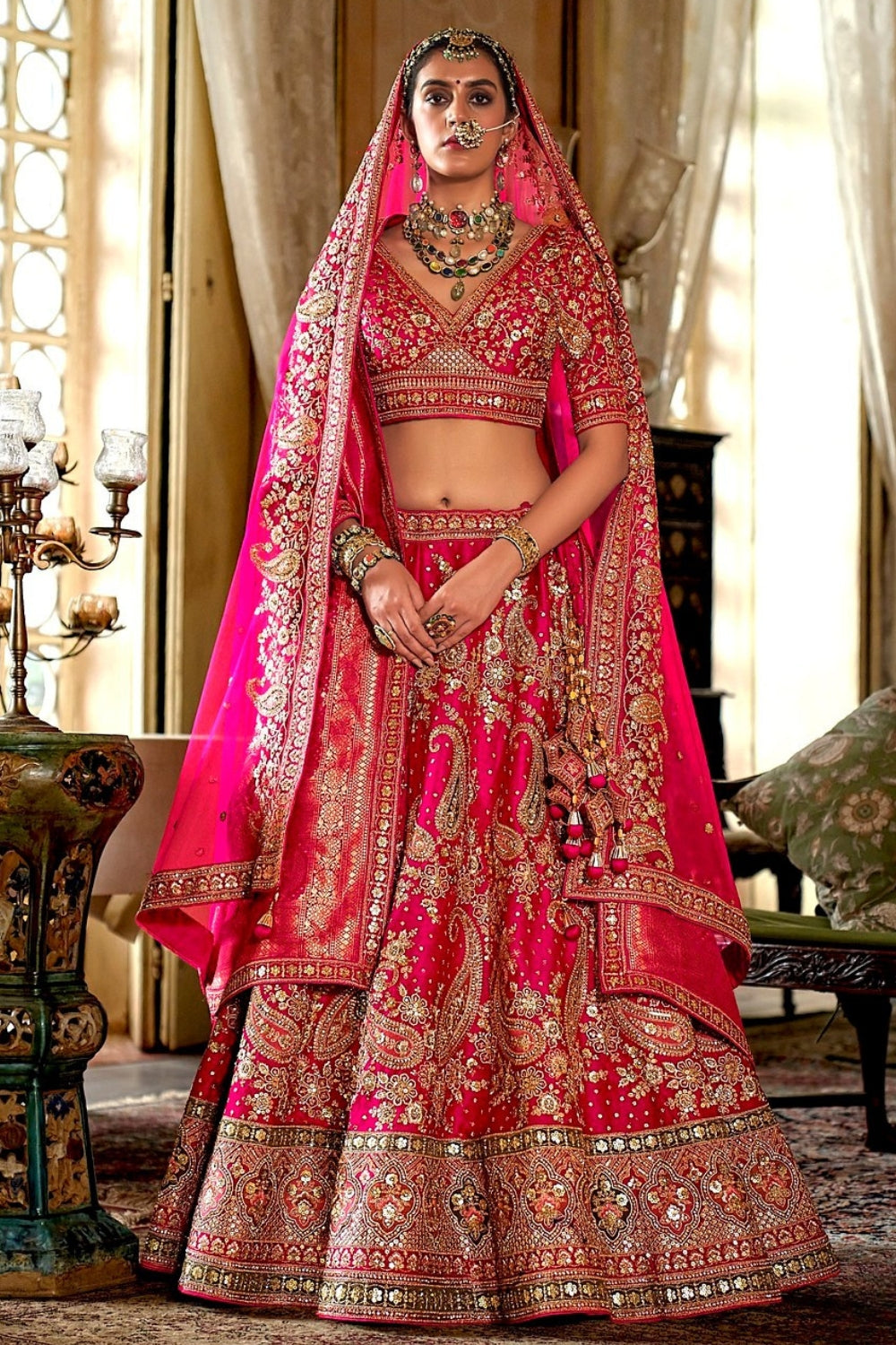 SILK BRIDAL LEHENGA WITH ZARI WEAVING AND MOTI WORK