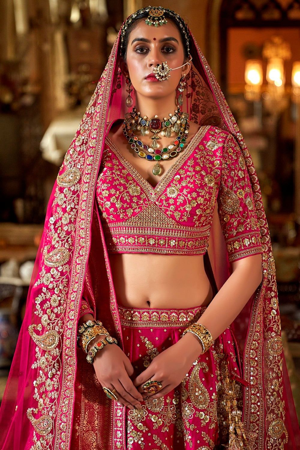 SILK BRIDAL LEHENGA WITH ZARI WEAVING AND MOTI WORK