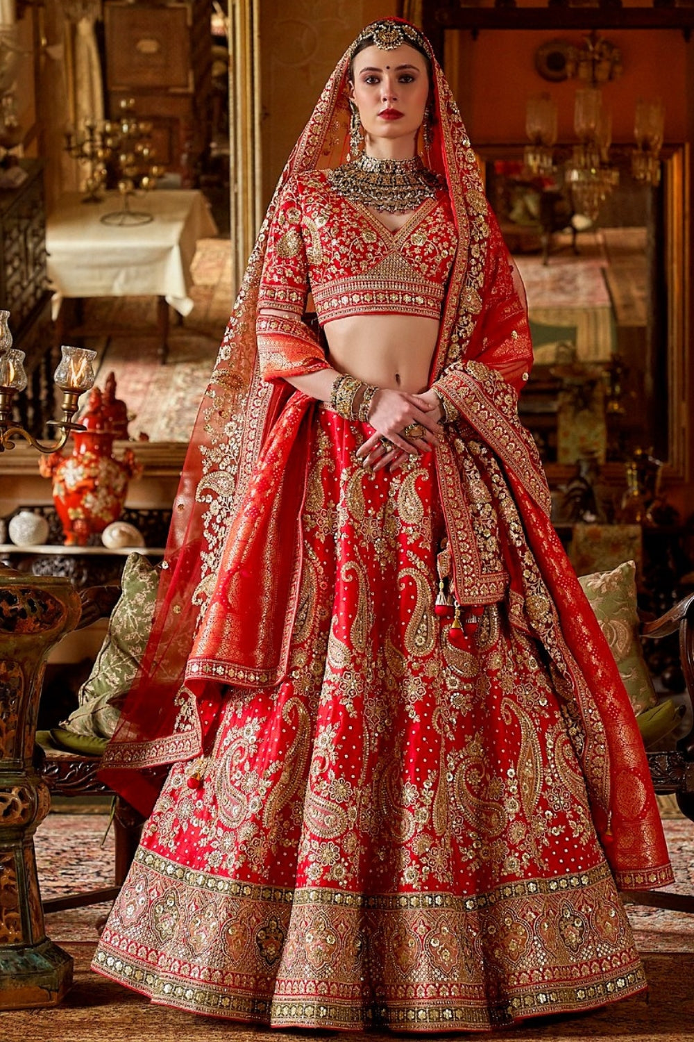 SILK BRIDAL LEHENGA WITH ZARI WEAVING AND MOTI WORK