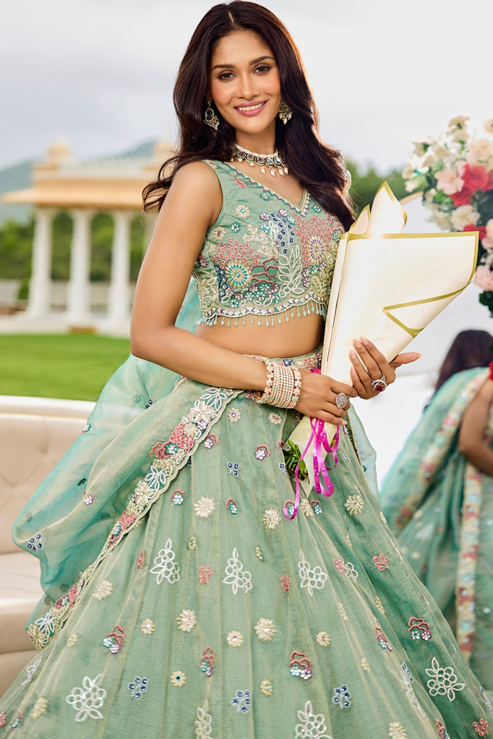 SILK LEHENGA CHOLI WITH GOTTA PATTI AND RESHAM EMBROIDERY