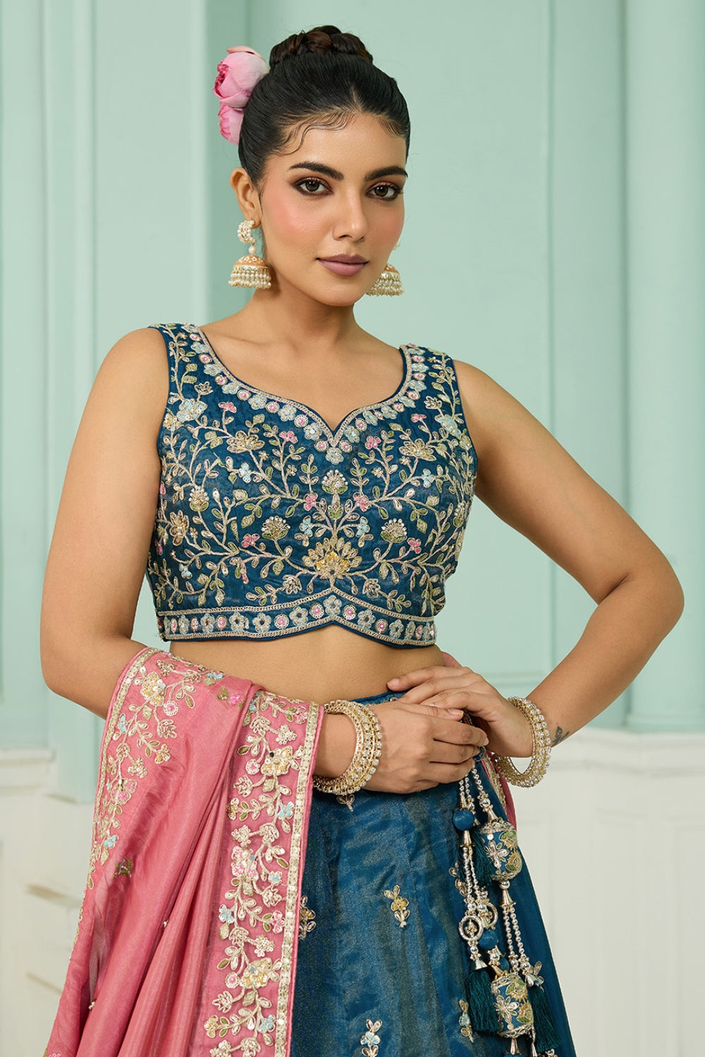 SILK LEHENGA CHOLI WITH MOTI AND SEQUINS