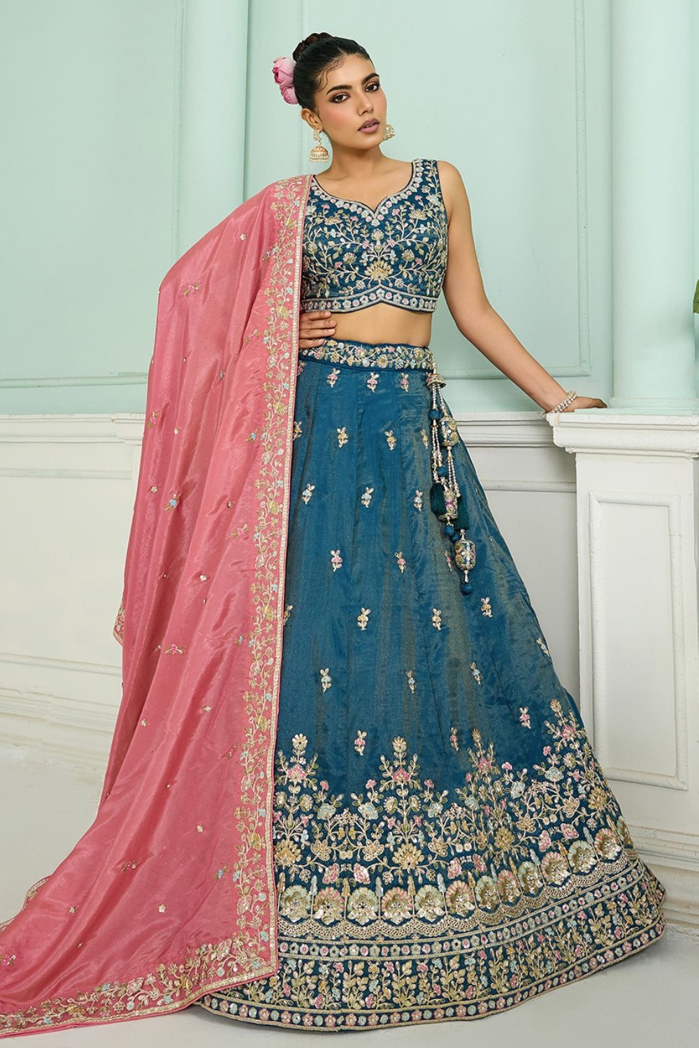 SILK LEHENGA CHOLI WITH MOTI AND SEQUINS
