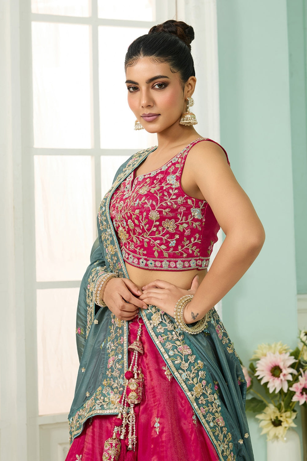 SILK LEHENGA CHOLI WITH MOTI AND SEQUINS