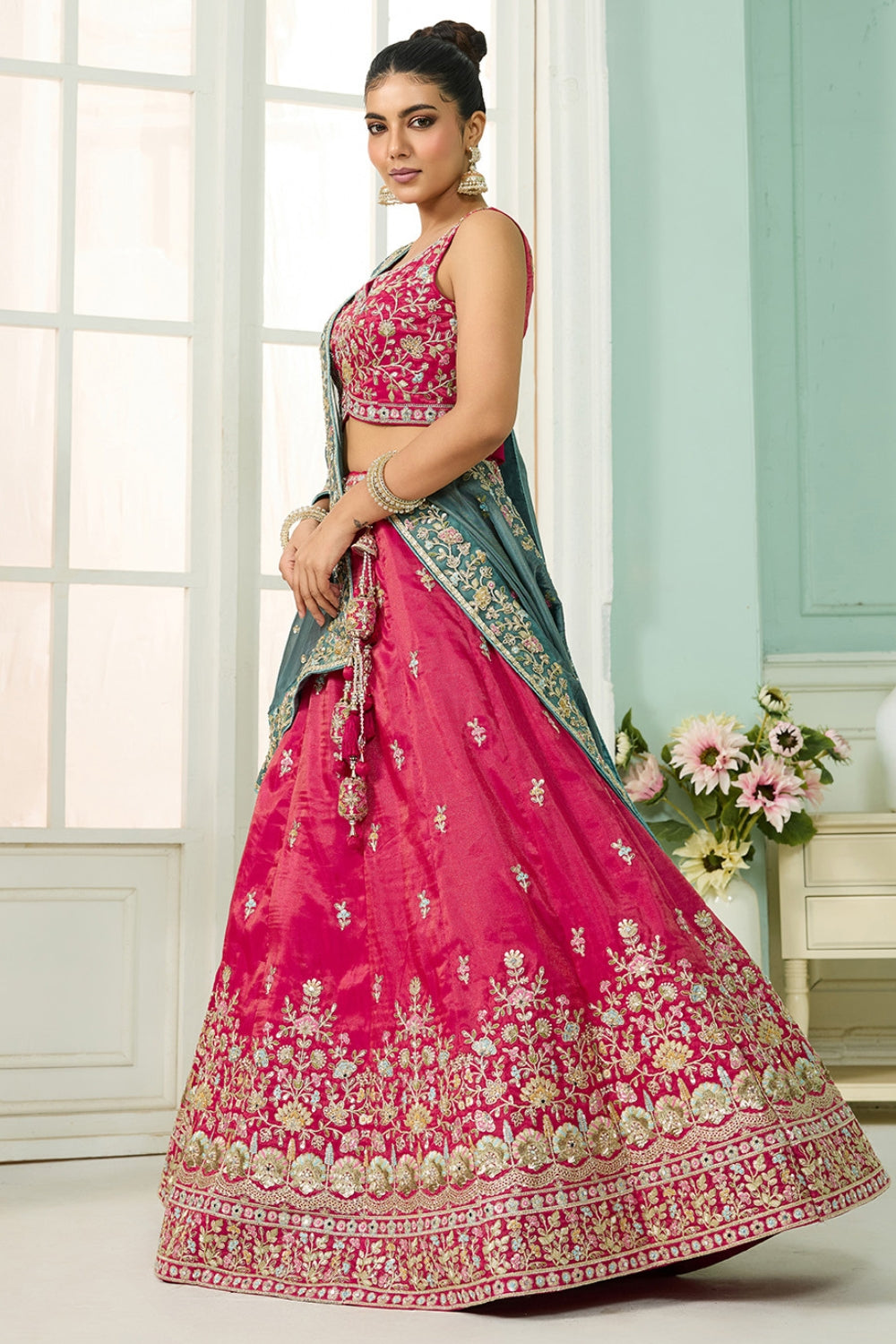 SILK LEHENGA CHOLI WITH MOTI AND SEQUINS