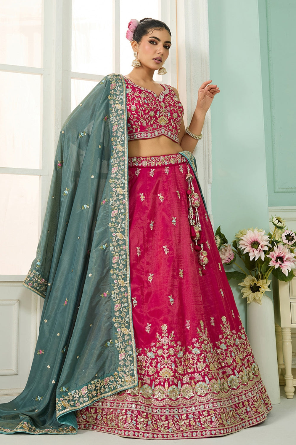 SILK LEHENGA CHOLI WITH MOTI AND SEQUINS