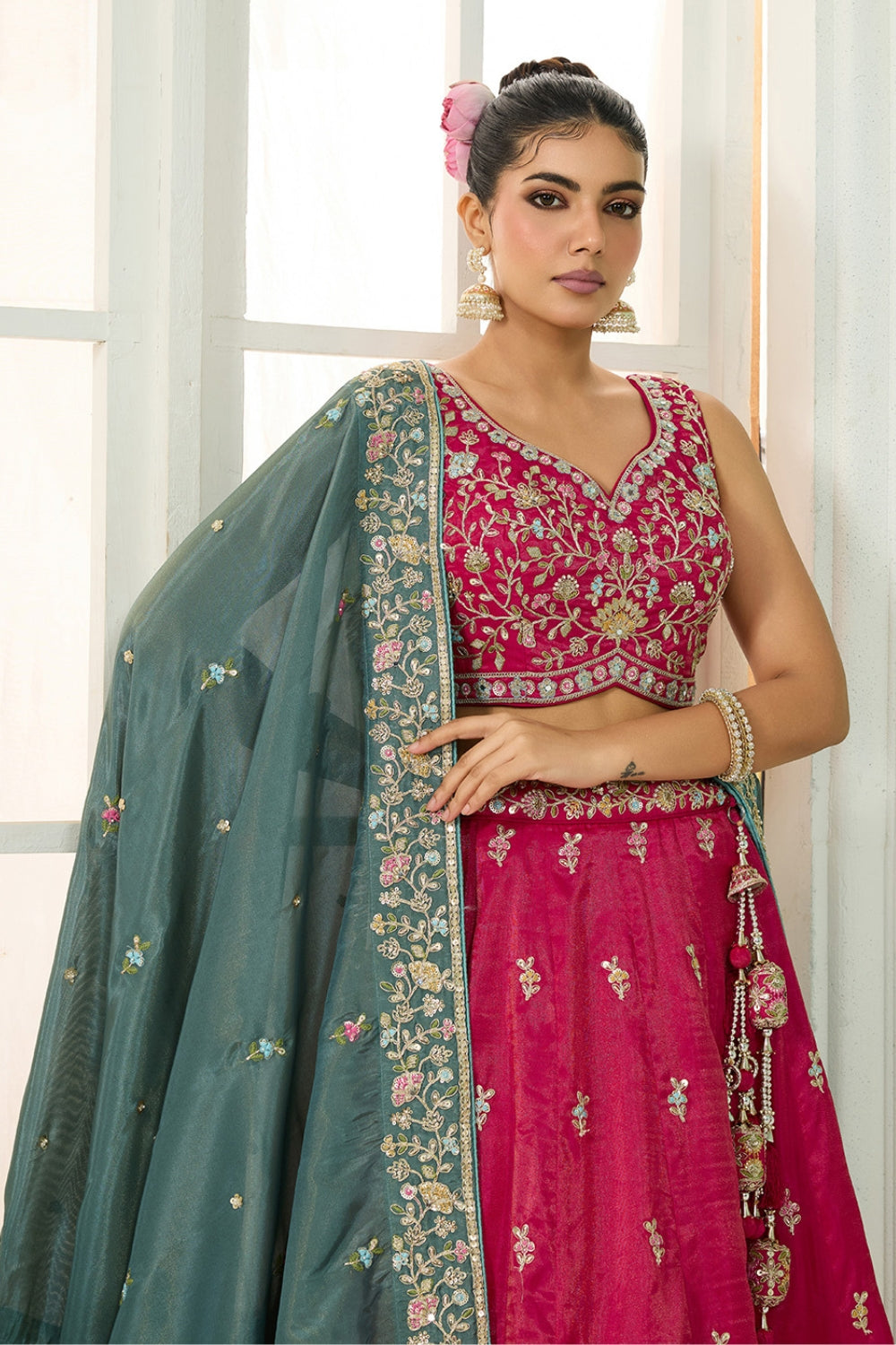 SILK LEHENGA CHOLI WITH MOTI AND SEQUINS