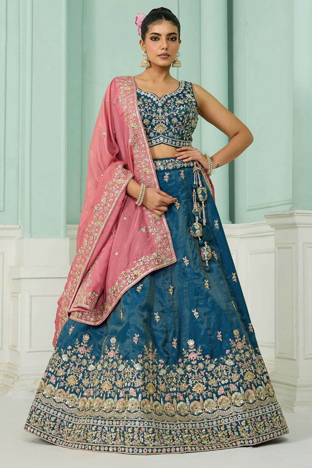 SILK LEHENGA CHOLI WITH MOTI AND SEQUINS