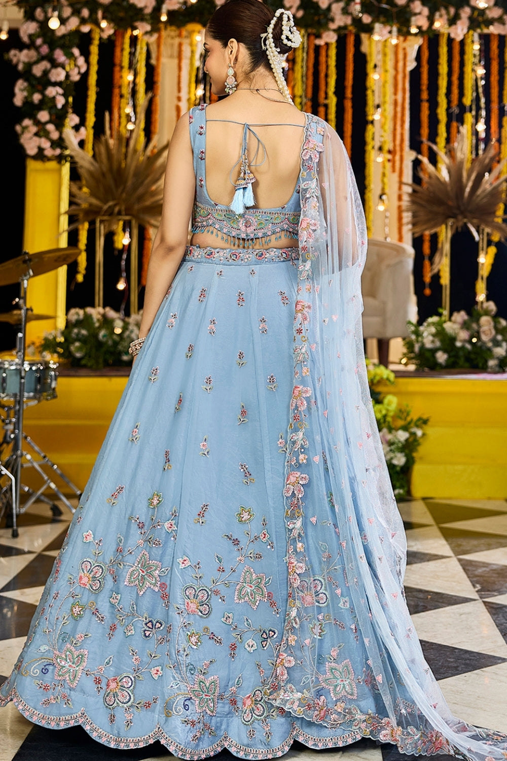 SILK LEHENGA CHOLI WITH RESHAM EMBROIDERY AND SEQUINS