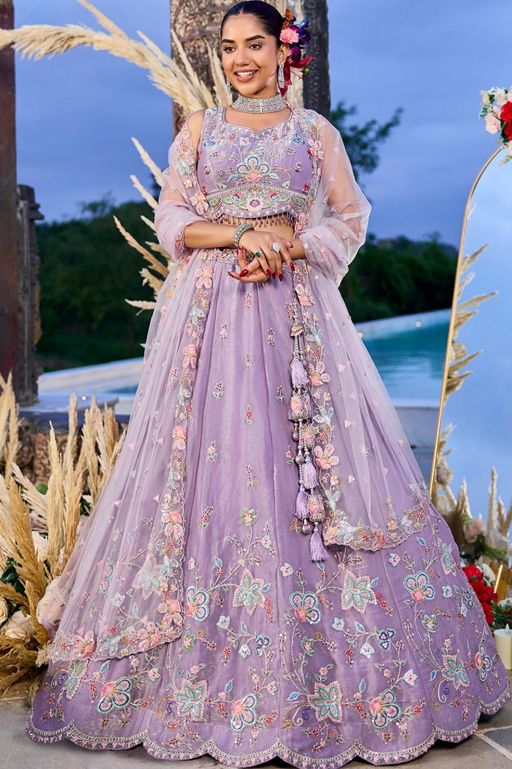 SILK LEHENGA CHOLI WITH RESHAM EMBROIDERY AND SEQUINS