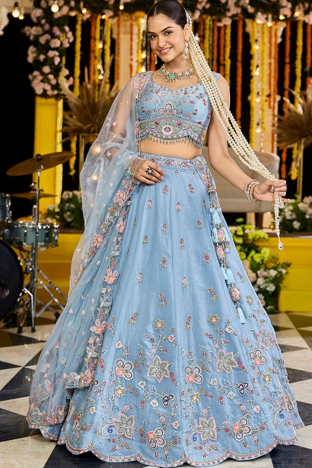 SILK LEHENGA CHOLI WITH RESHAM EMBROIDERY AND SEQUINS