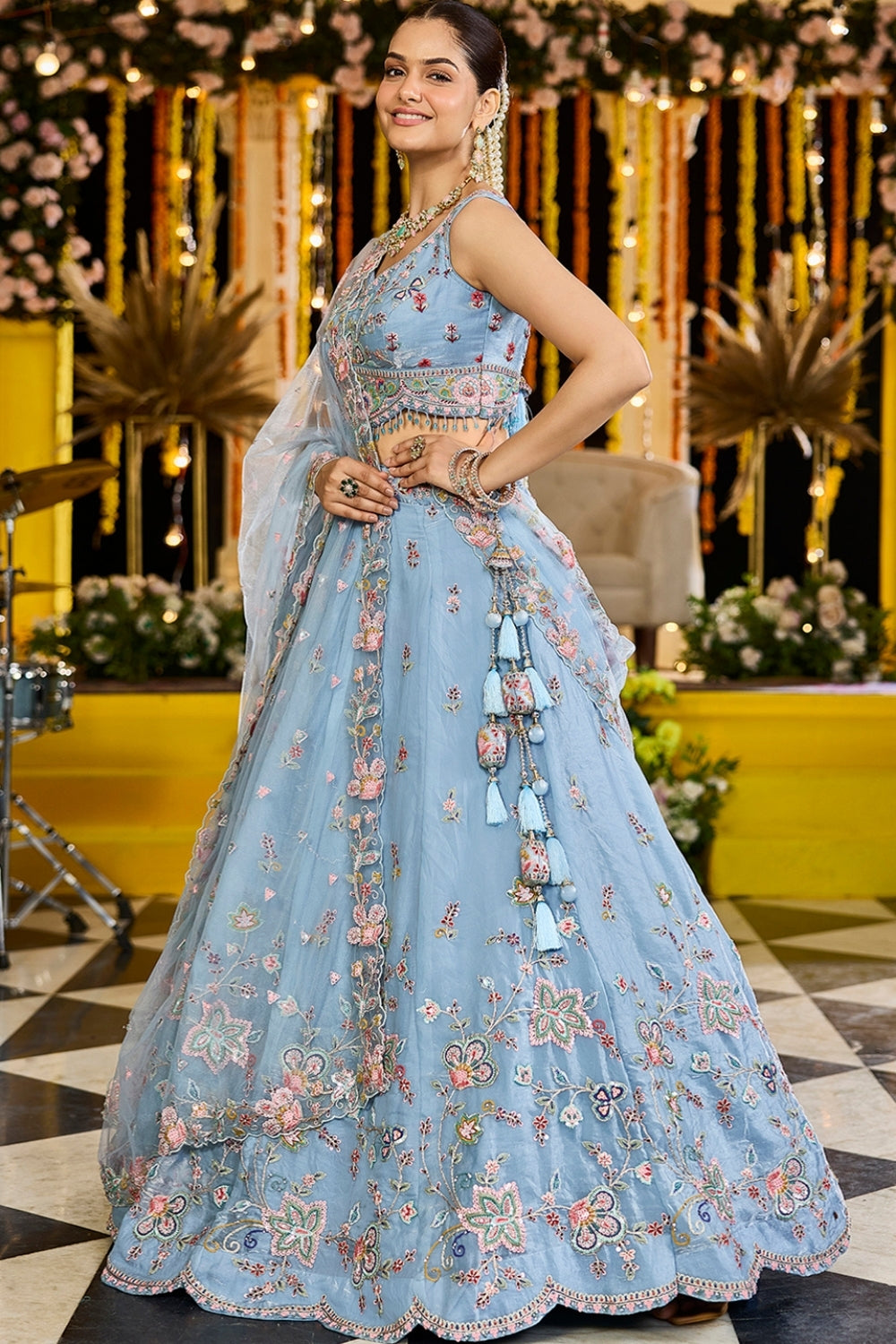 SILK LEHENGA CHOLI WITH RESHAM EMBROIDERY AND SEQUINS
