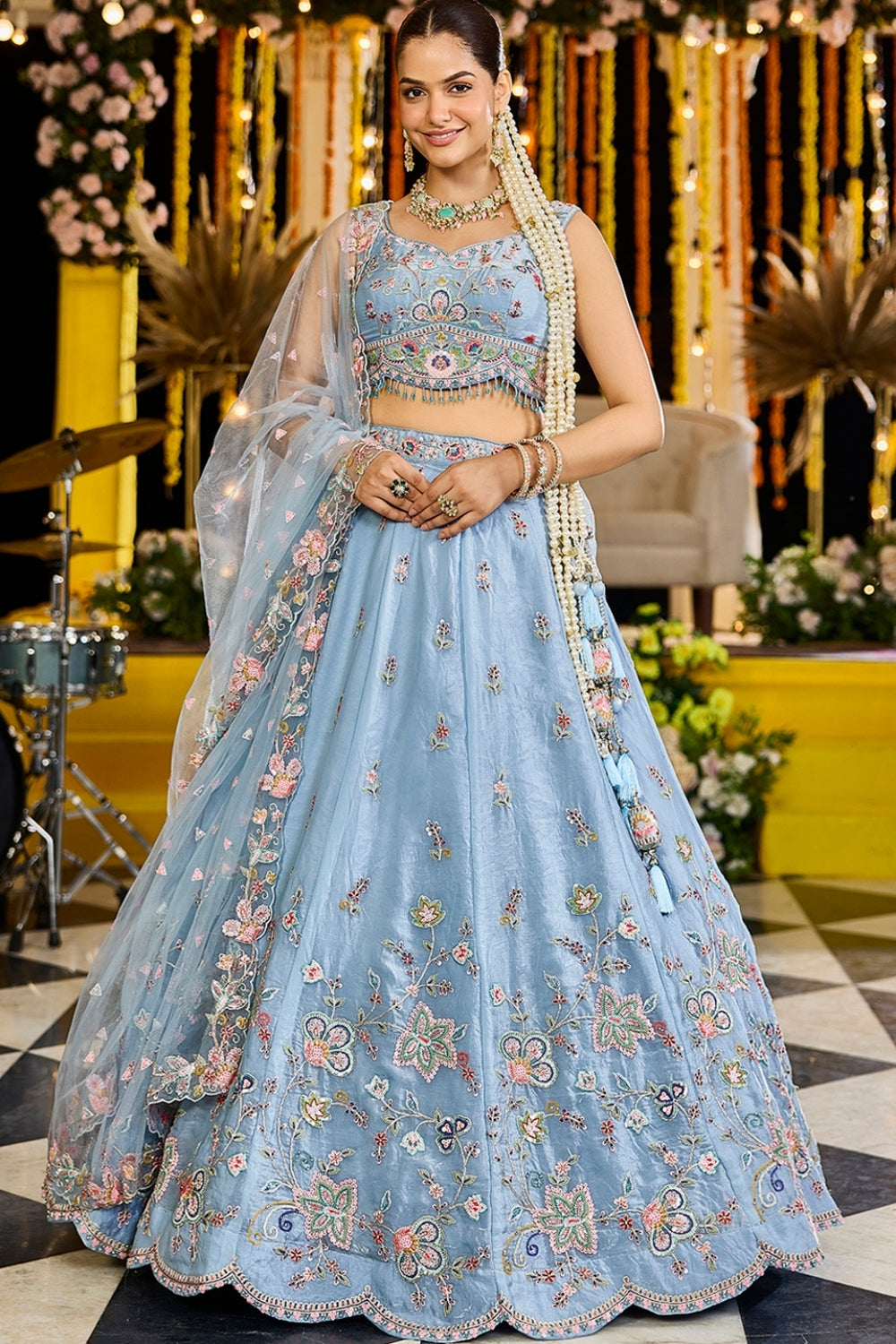 SILK LEHENGA CHOLI WITH RESHAM EMBROIDERY AND SEQUINS