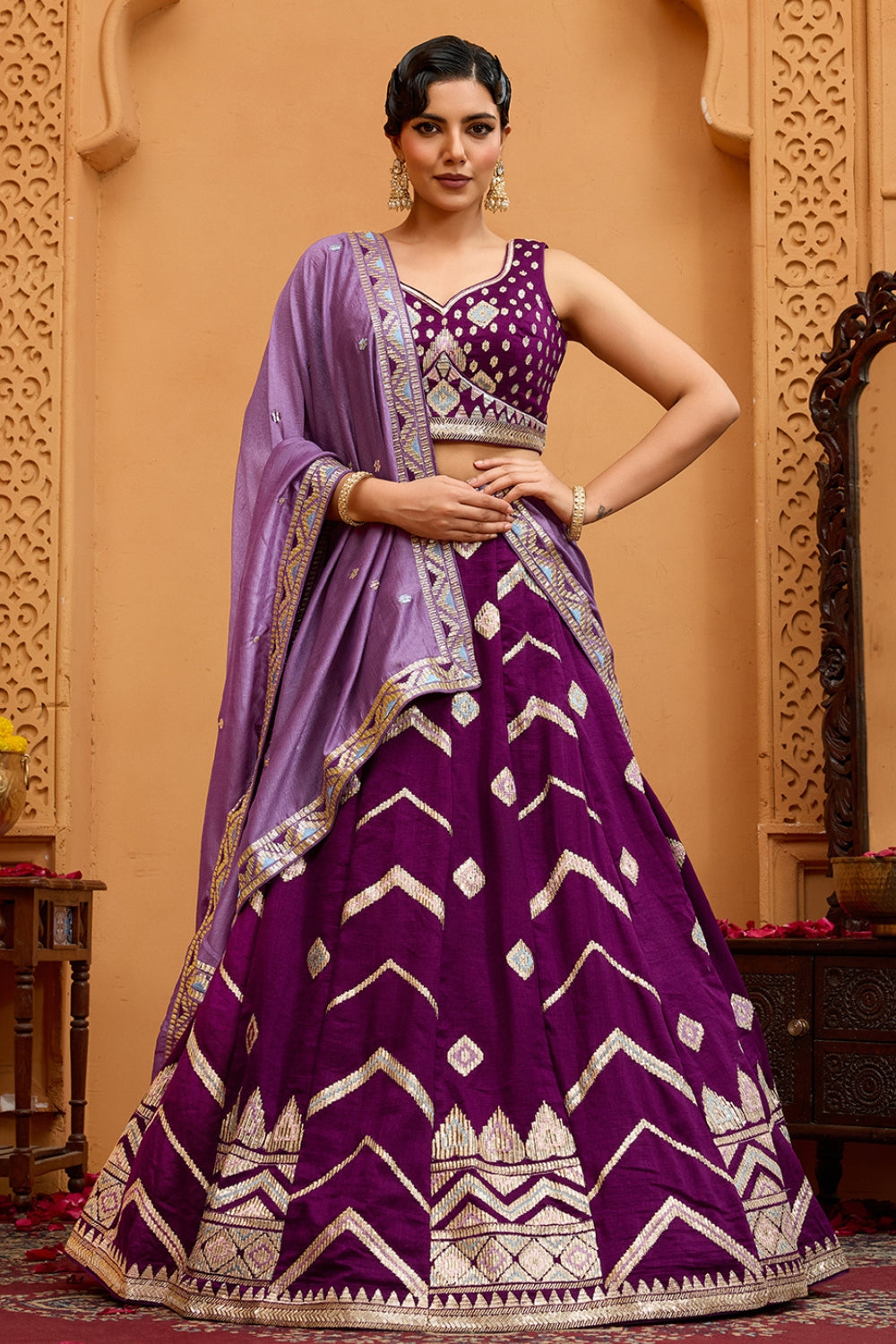 SILK LEHENGA CHOLI WITH SEQUINS AND RESHAM EMBROIDERY