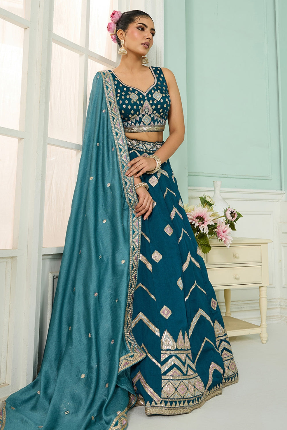 SILK LEHENGA CHOLI WITH SEQUINS AND RESHAM EMBROIDERY