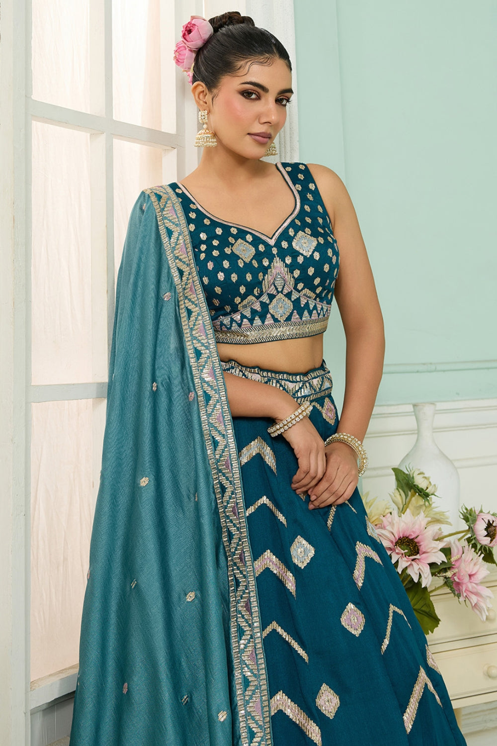 SILK LEHENGA CHOLI WITH SEQUINS AND RESHAM EMBROIDERY