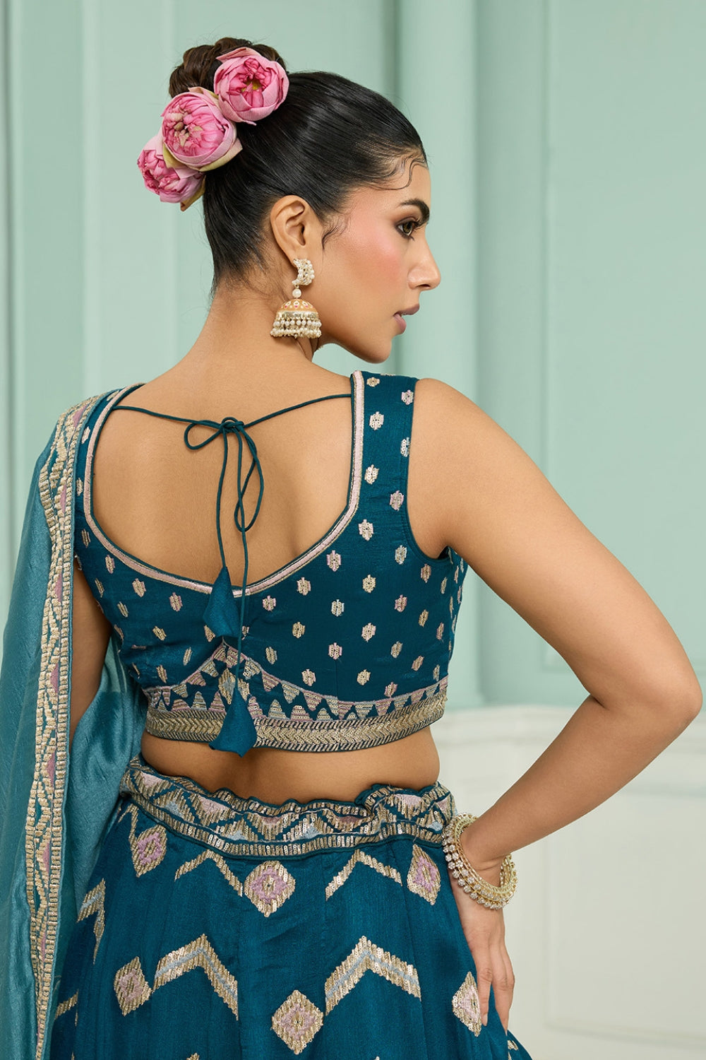 SILK LEHENGA CHOLI WITH SEQUINS AND RESHAM EMBROIDERY
