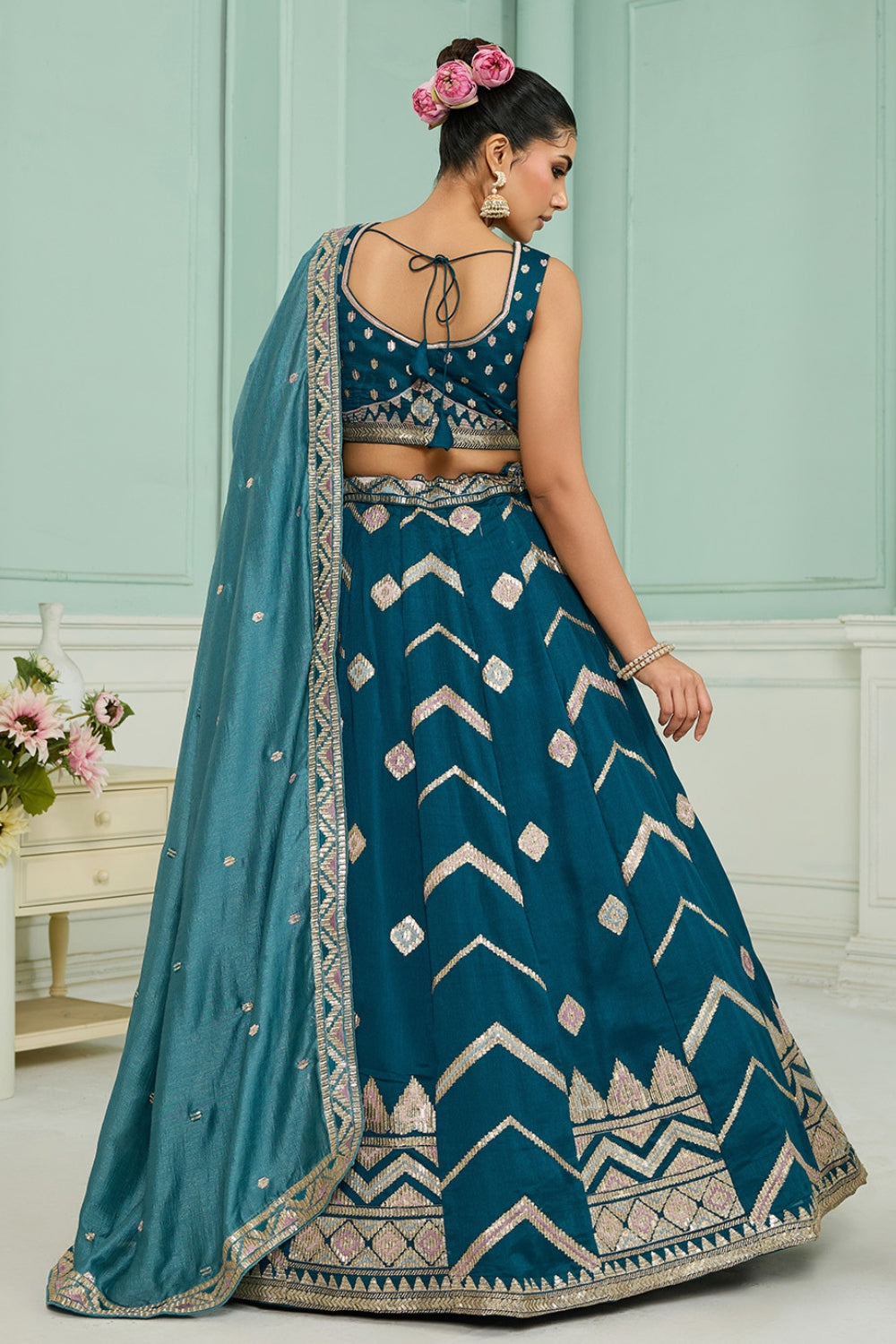 SILK LEHENGA CHOLI WITH SEQUINS AND RESHAM EMBROIDERY
