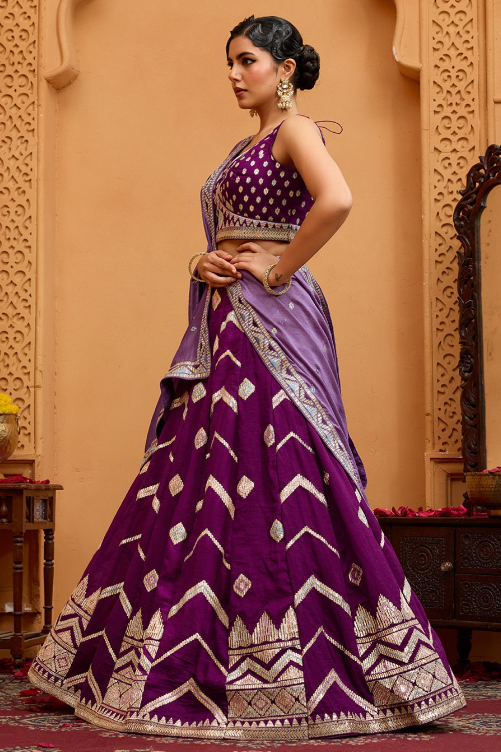 SILK LEHENGA CHOLI WITH SEQUINS AND RESHAM EMBROIDERY