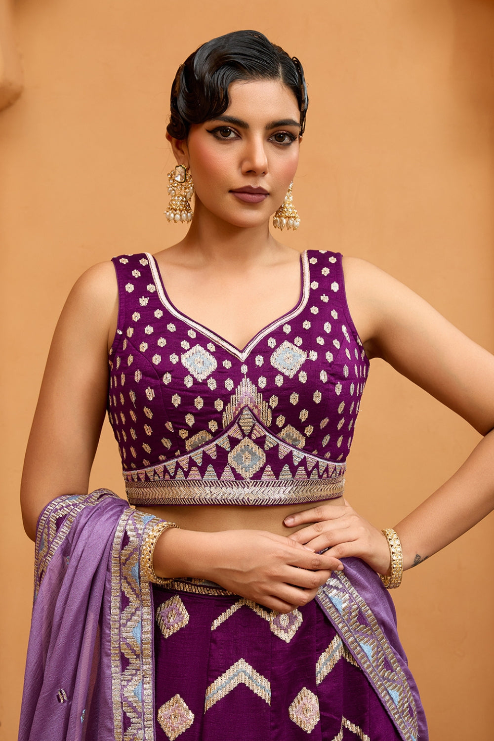 SILK LEHENGA CHOLI WITH SEQUINS AND RESHAM EMBROIDERY