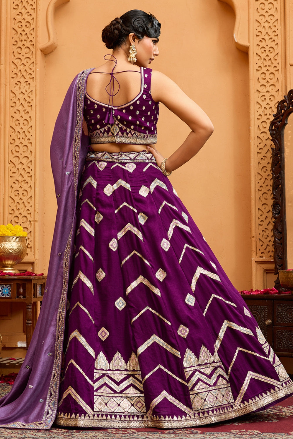 SILK LEHENGA CHOLI WITH SEQUINS AND RESHAM EMBROIDERY
