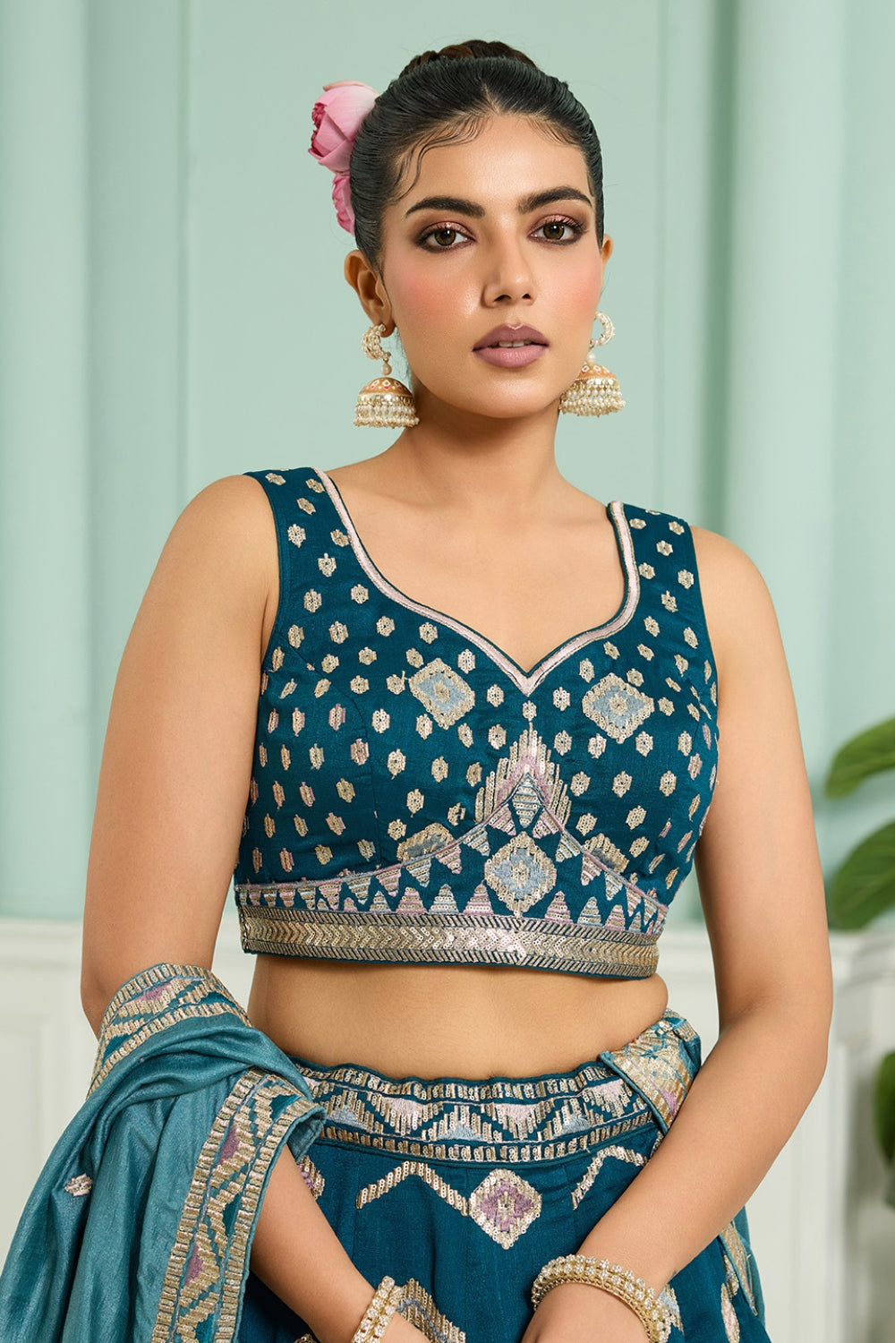 SILK LEHENGA CHOLI WITH SEQUINS AND RESHAM EMBROIDERY