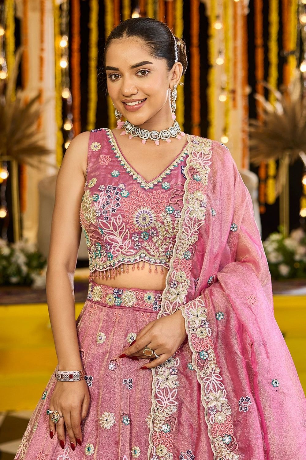 SILK LEHENGA CHOLI WITH GOTTA PATTI AND RESHAM EMBROIDERY