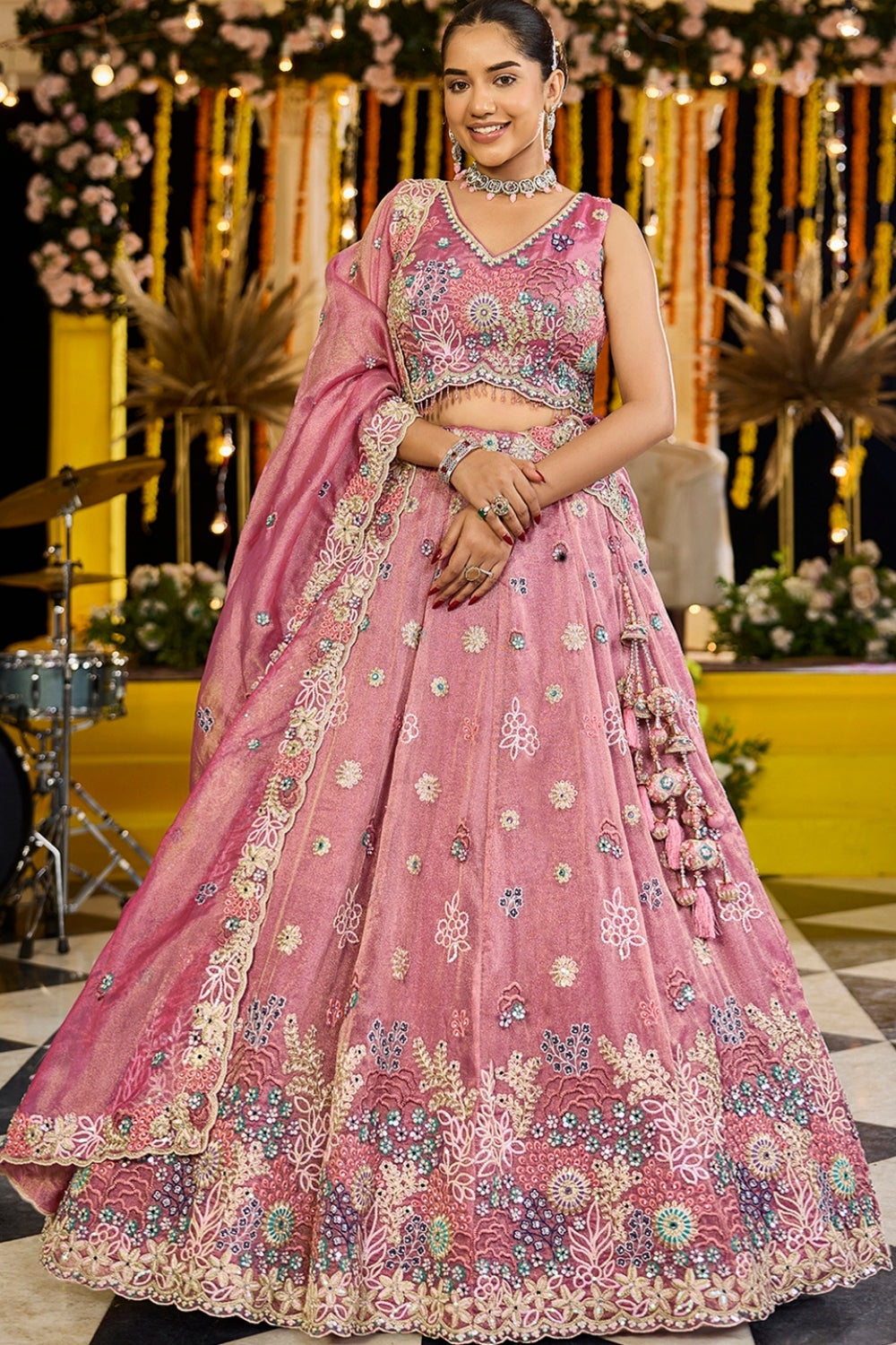 SILK LEHENGA CHOLI WITH GOTTA PATTI AND RESHAM EMBROIDERY