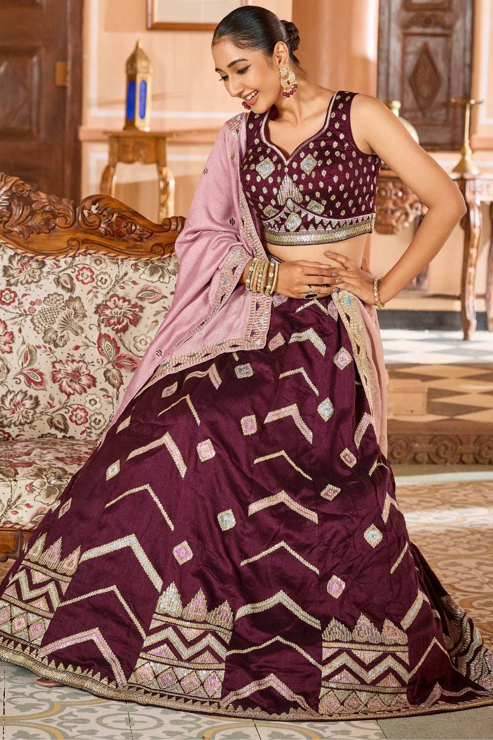 SILK LEHENGA CHOLI WITH SEQUINS AND RESHAM EMBROIDERY