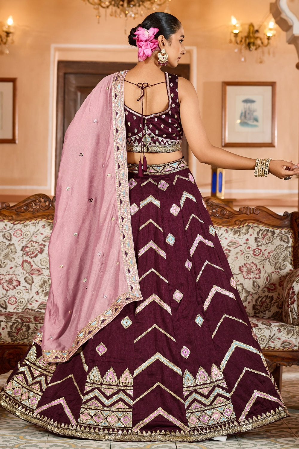 SILK LEHENGA CHOLI WITH SEQUINS AND RESHAM EMBROIDERY