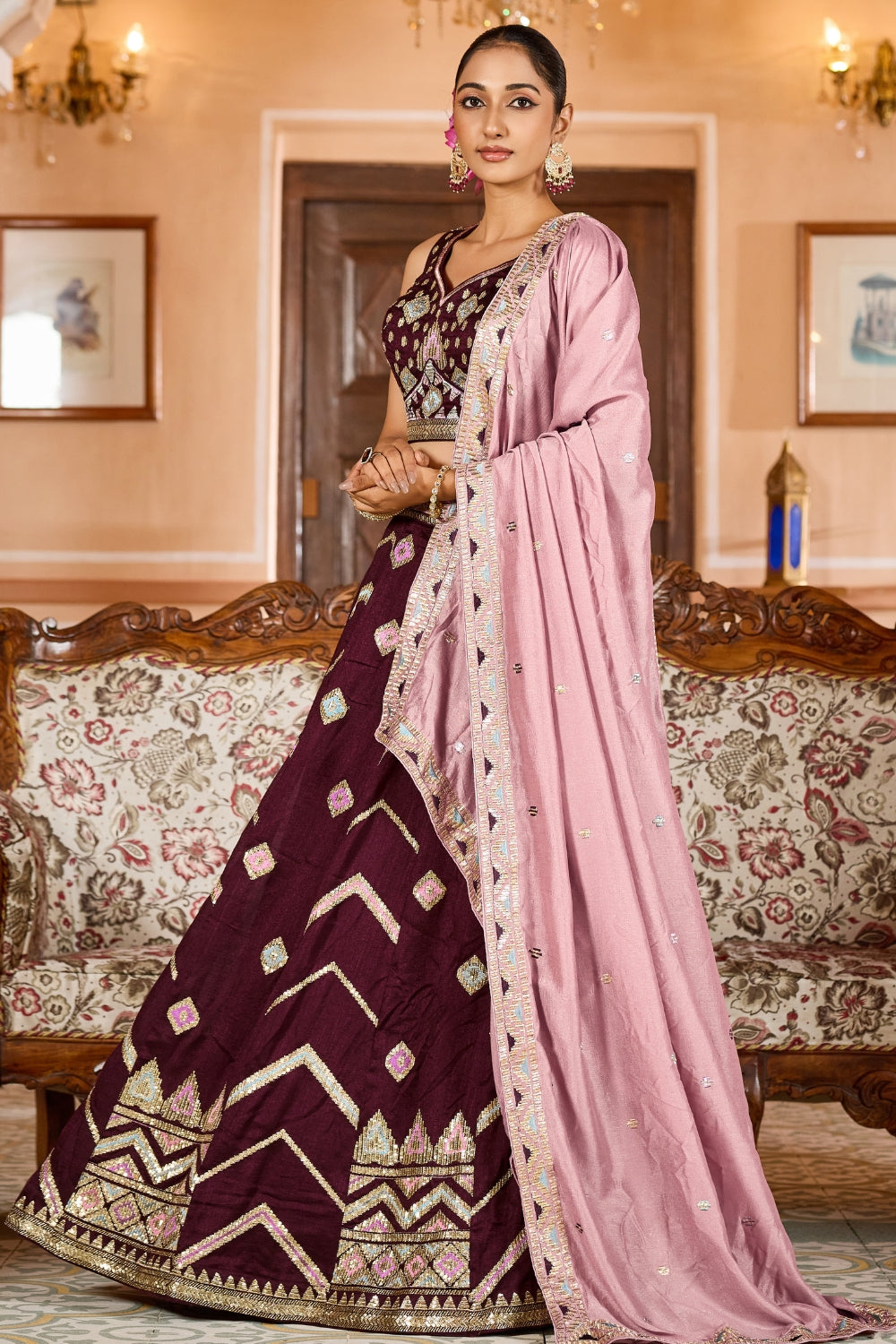 SILK LEHENGA CHOLI WITH SEQUINS AND RESHAM EMBROIDERY