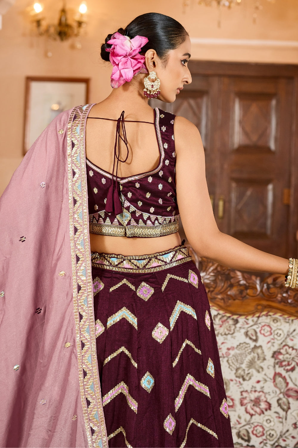 SILK LEHENGA CHOLI WITH SEQUINS AND RESHAM EMBROIDERY