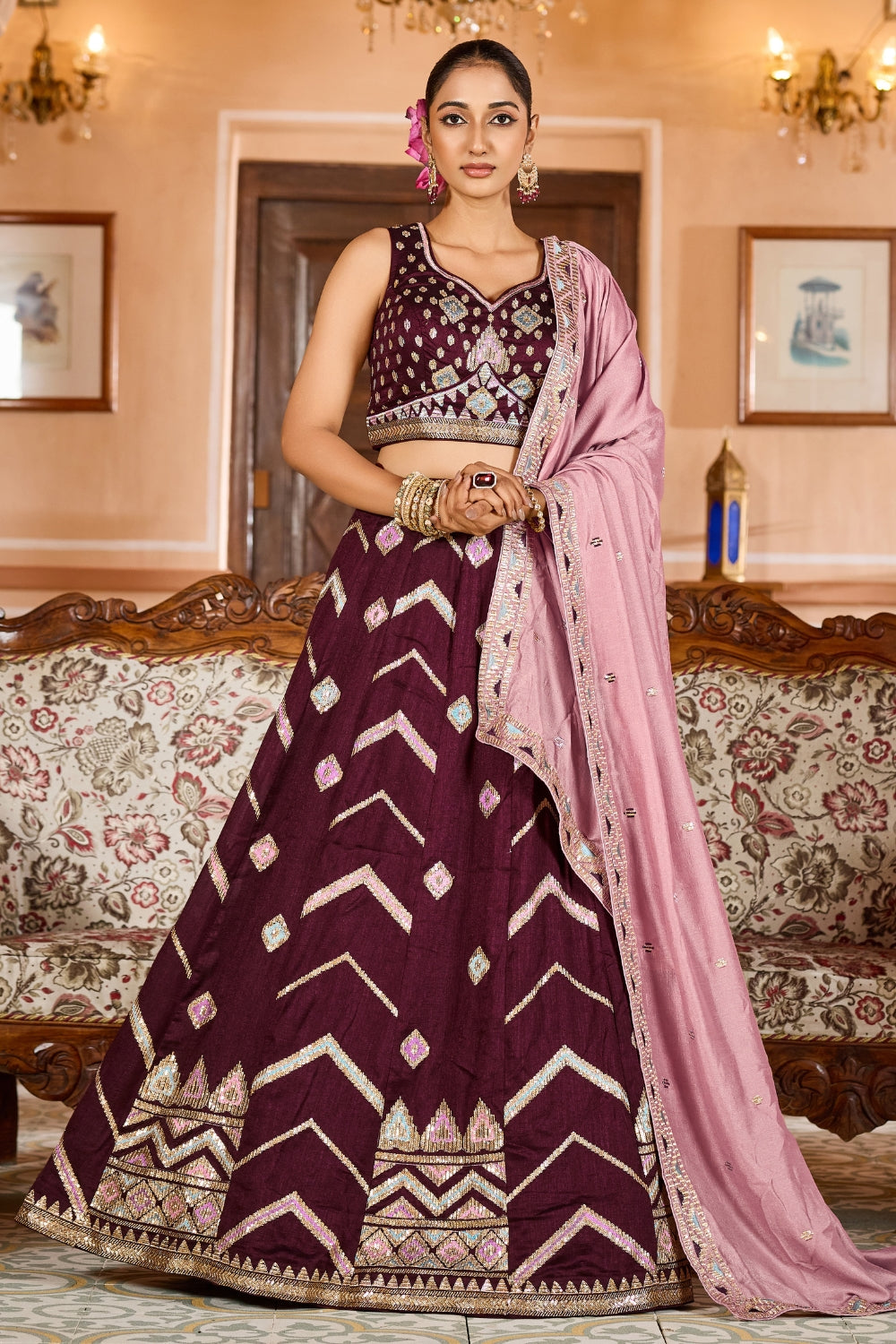 SILK LEHENGA CHOLI WITH SEQUINS AND RESHAM EMBROIDERY