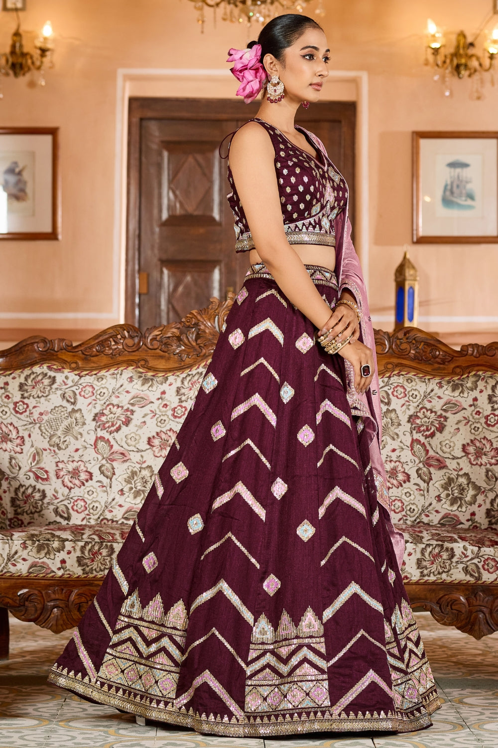 SILK LEHENGA CHOLI WITH SEQUINS AND RESHAM EMBROIDERY
