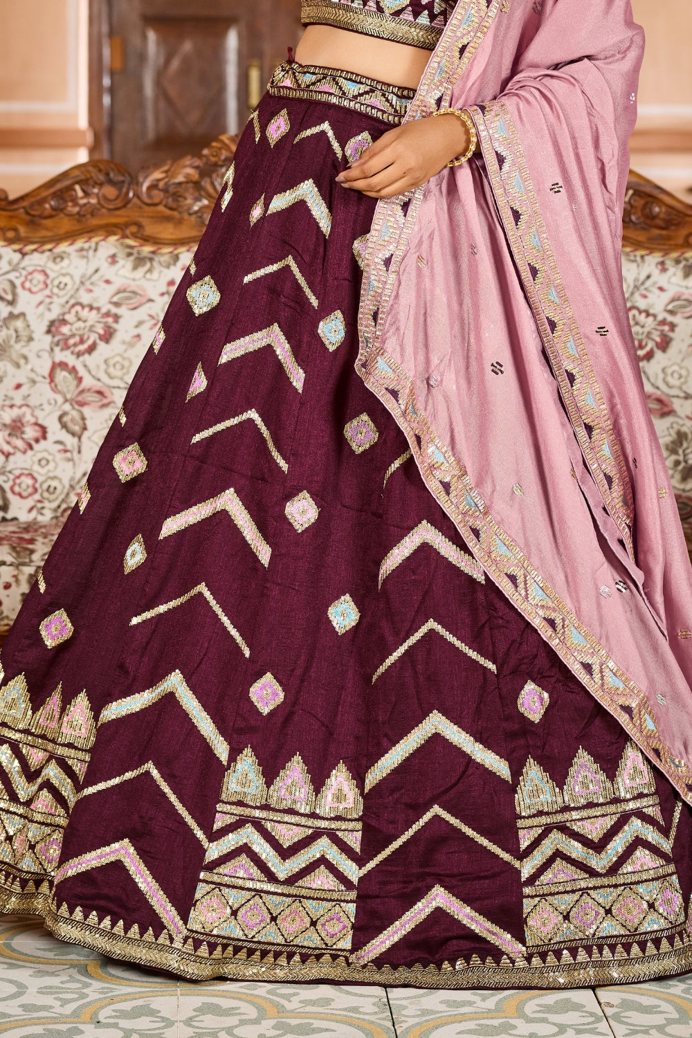 SILK LEHENGA CHOLI WITH SEQUINS AND RESHAM EMBROIDERY