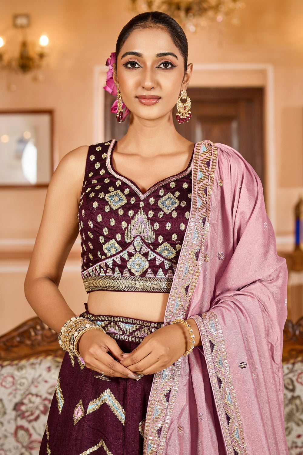 SILK LEHENGA CHOLI WITH SEQUINS AND RESHAM EMBROIDERY