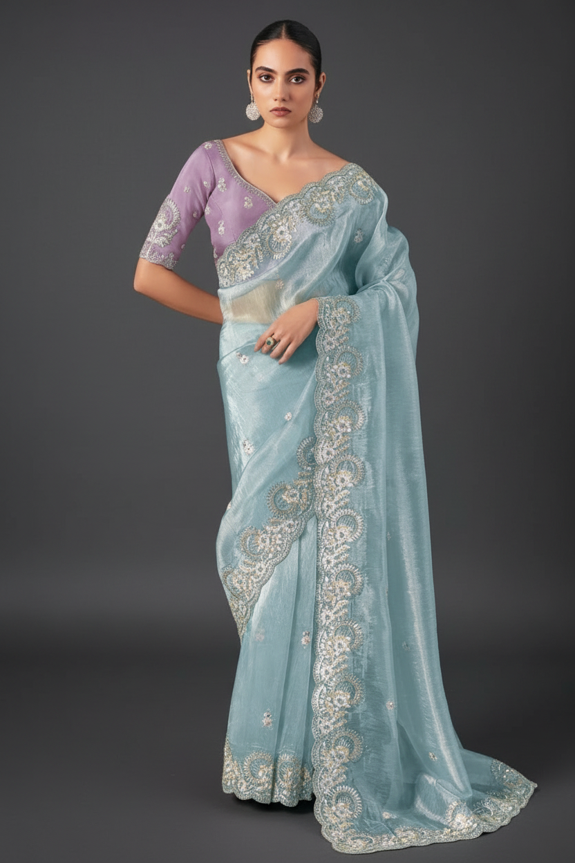 SKY BLUE ORGANZA SAREE WITH SEQUINS AND STONE WORK
