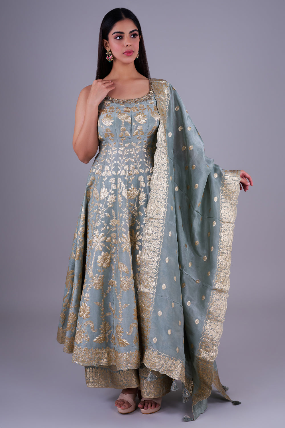Sage Banarasi Anarkali with zari