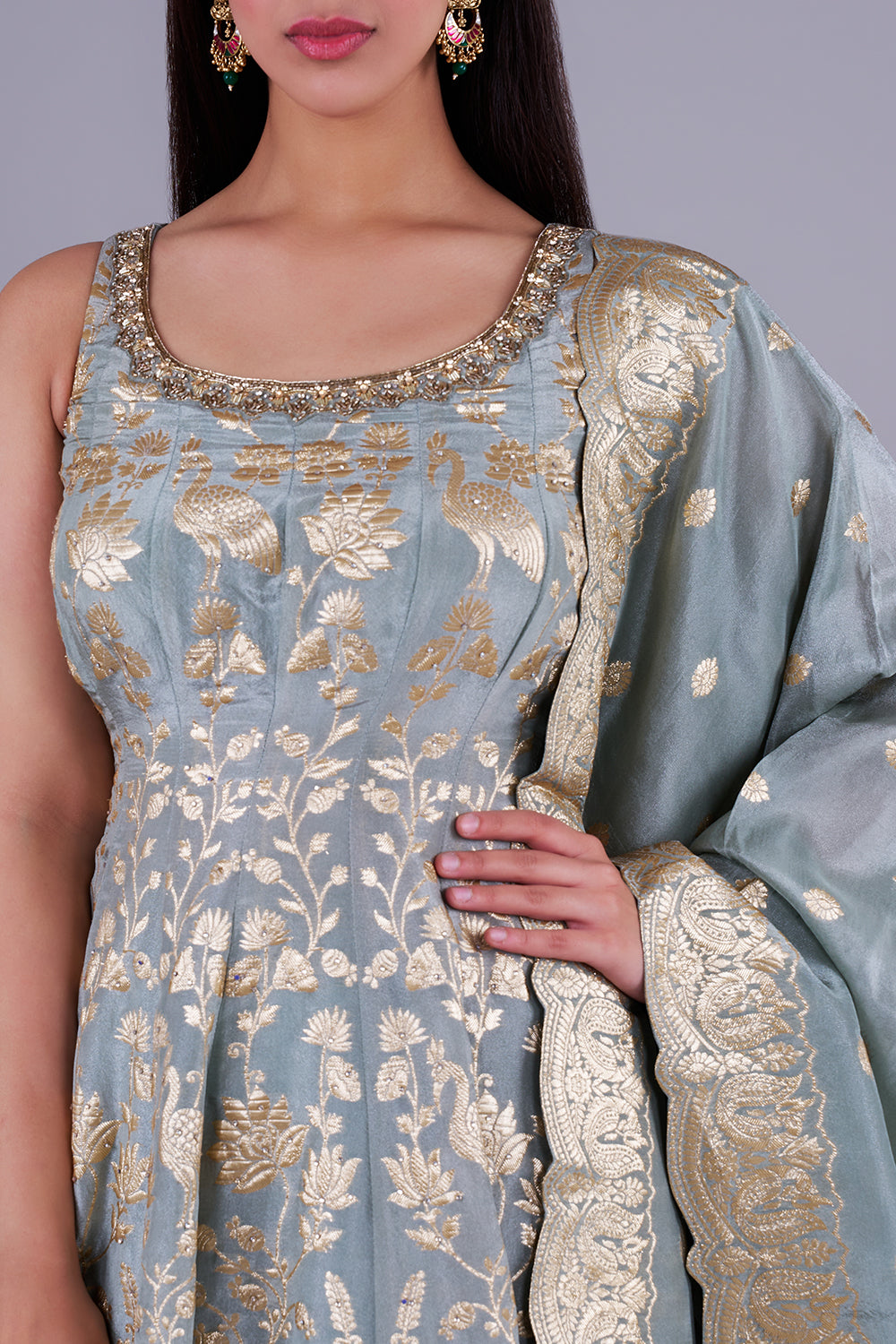 Sage Banarasi Anarkali with zari