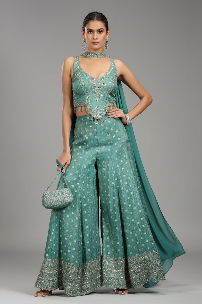 Sage Green Silk Palazzo Set with Mirror and Cutdana Work