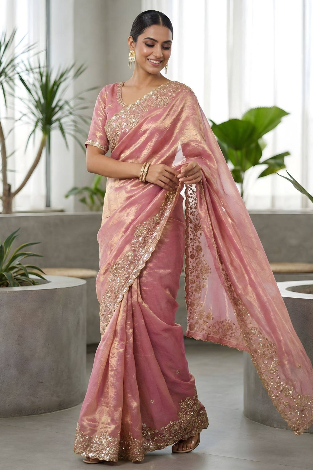 Satin Silk Embroidery and Sequins Work Saree